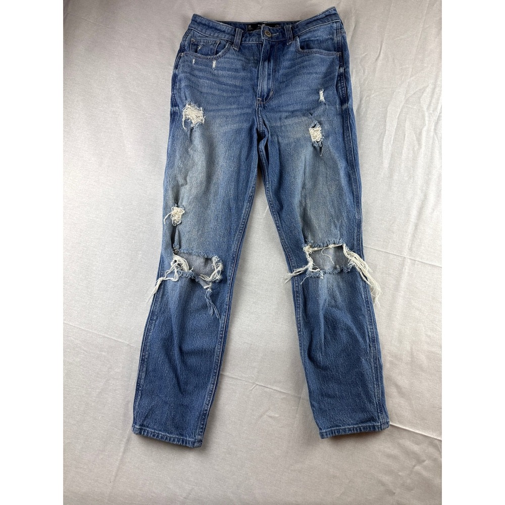 Hollister Ultra‎ High-Rise Mom Jeans 2R W26 Distressed Medium Wash Blue Denim